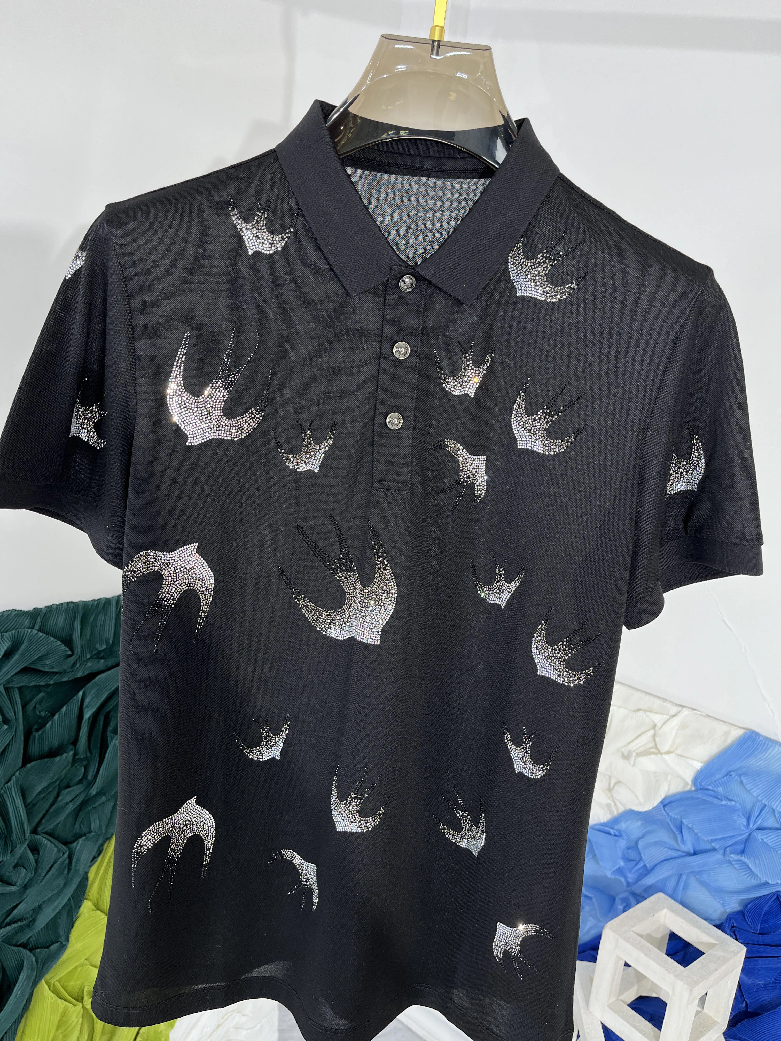 2023 Summer Europe Style Brand New Designer Men's High Quality Diamonds Casual Polo Shirt C871