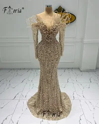 Gorgeous Dubai Gold Champagne Mermaid Bespoke Evening Dresses Full Beads Crystal Appliques 3D Long Wedding Party Dress 2024 Chic