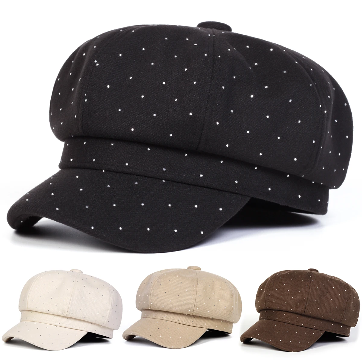 Unisex Water Diamond Woolen Newsboy Hat Spring and Autumn Retro Beret Hats Wild Casual Hats Octagonal Cap