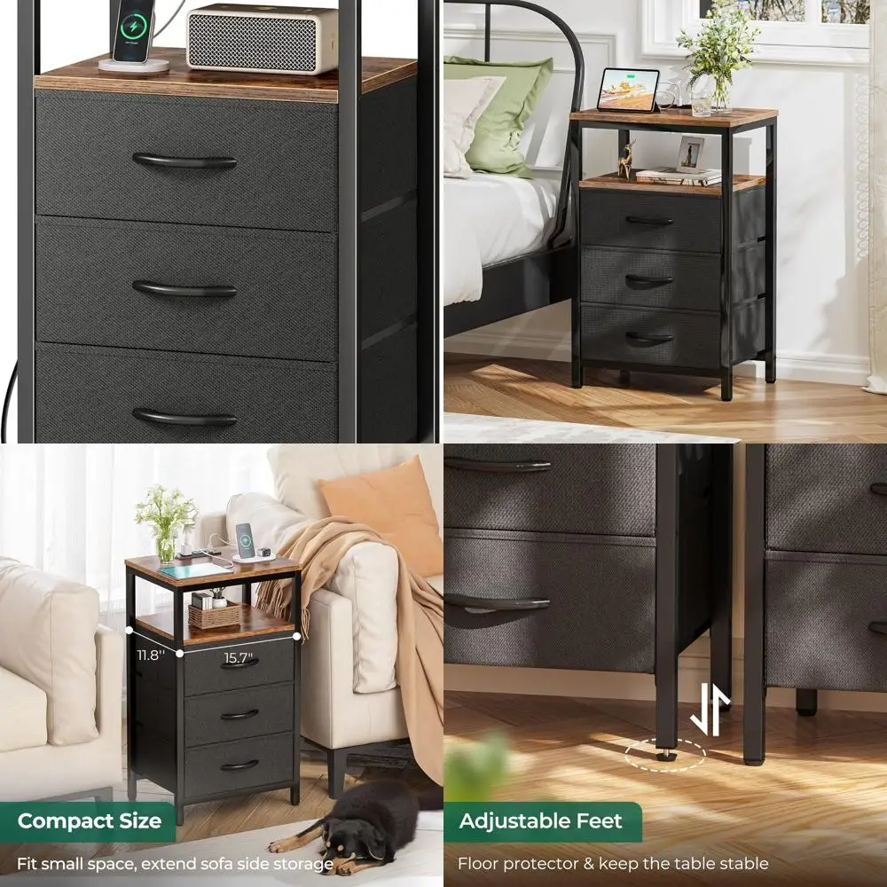 Rustic Brown & Black 27.6 Bedside Table with USB Charging & Outlets, Fabric Drawers for Bedroom
