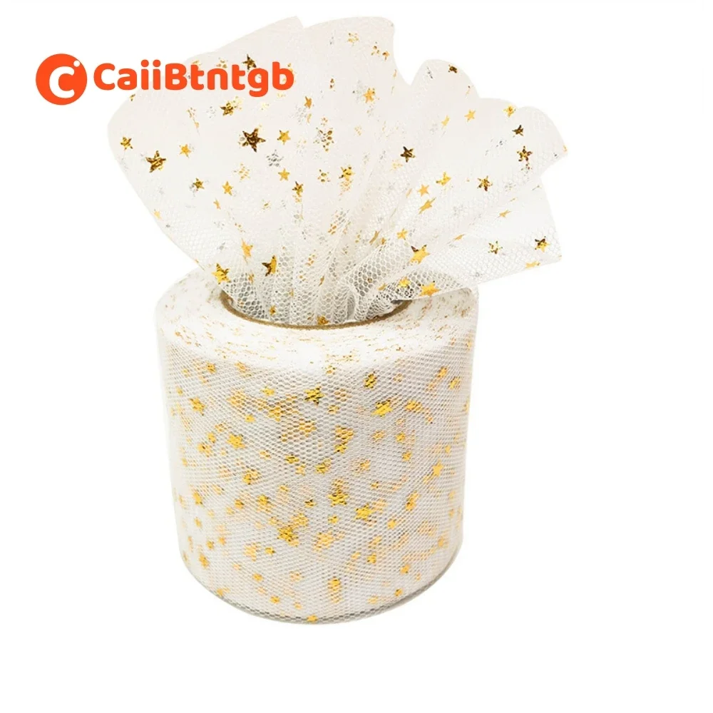 Rollo de tul con estampado en caliente de estrellas plateadas, accesorios para el cabello para niños, decoración de regalo de boda, tamaño 6cm x 25