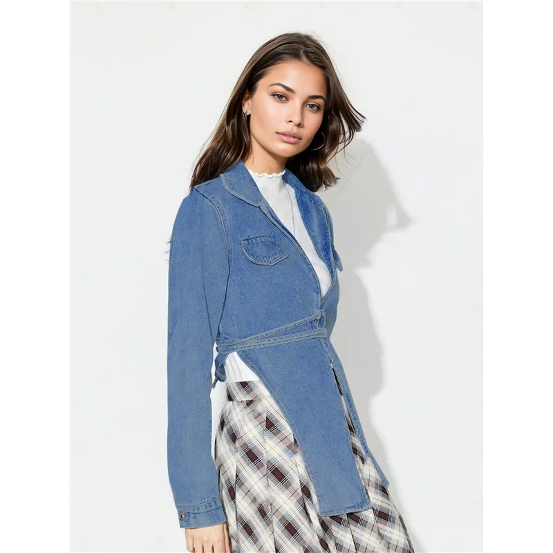 【OFF-SHELF】Female's Fashion Lace Up Denim Jacket Long Sleeve Open Front Vintage Short Jean Coat Casual Streetwear