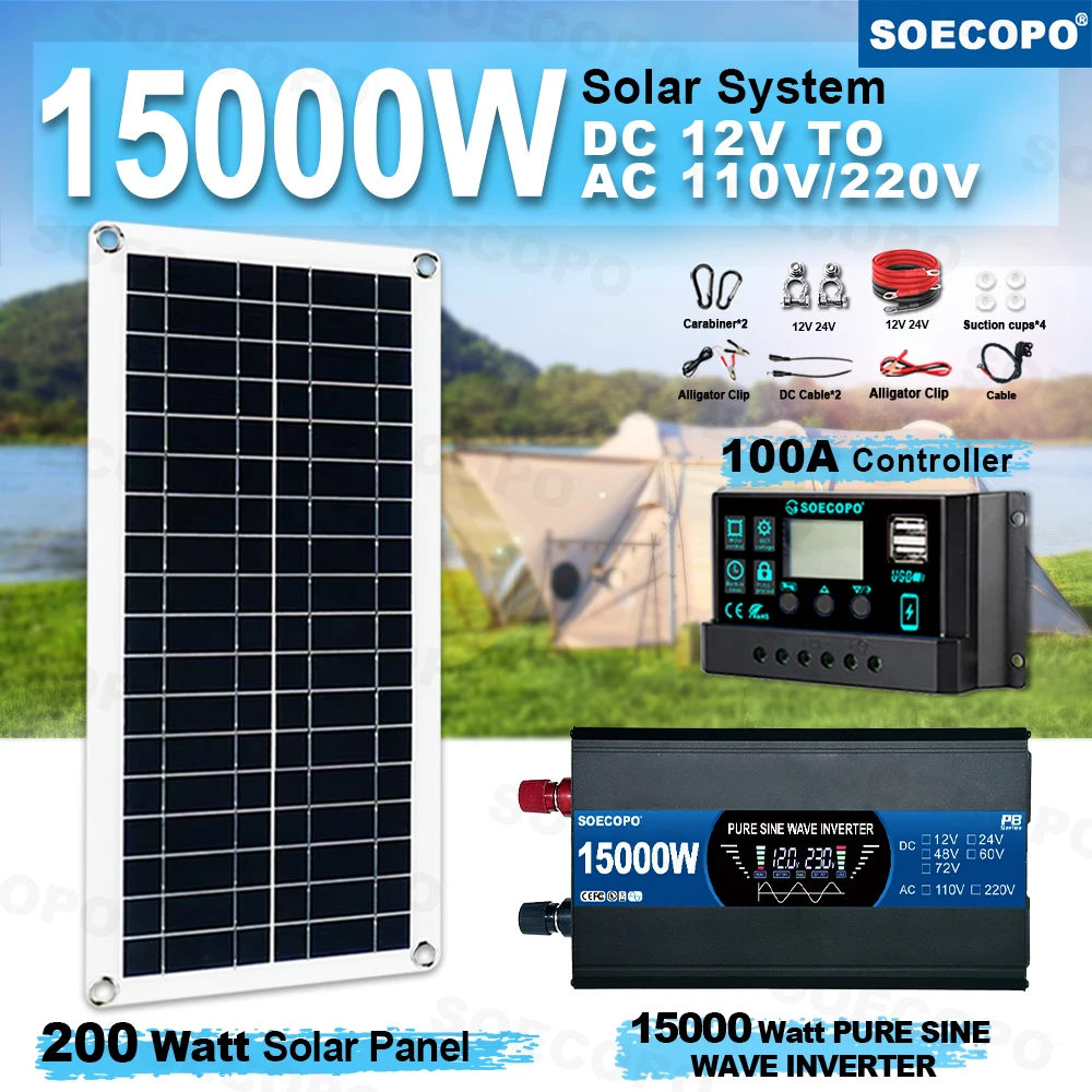 SOECOPO Tragbares Solarpanel-Set für Zuhause, 15000 W reiner Sinus-Wechselrichter (12 V, 110 V/220 V), 200 W Panel, 100 A, Controller, Camping, Wohnmobil