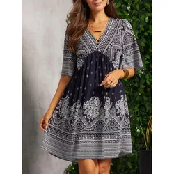 Vintage Printed Dress Women's V-Neck Short Sleeved Mini Dresses Elegant Summer Party Dress