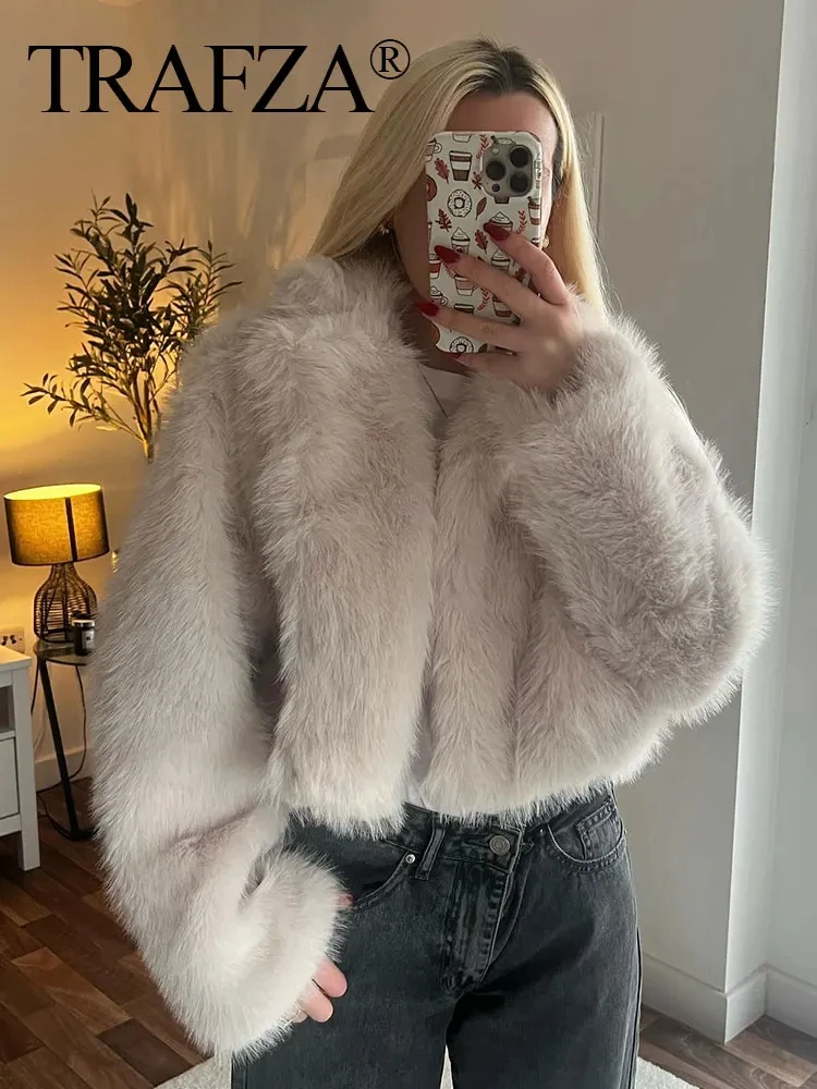 TRAFZA Women Faux Fur Jacket Coat Casual Loose Long Sleeve Lapel Warm Coats Female Winter Fashion Lady Chic Streetwear Jakcets