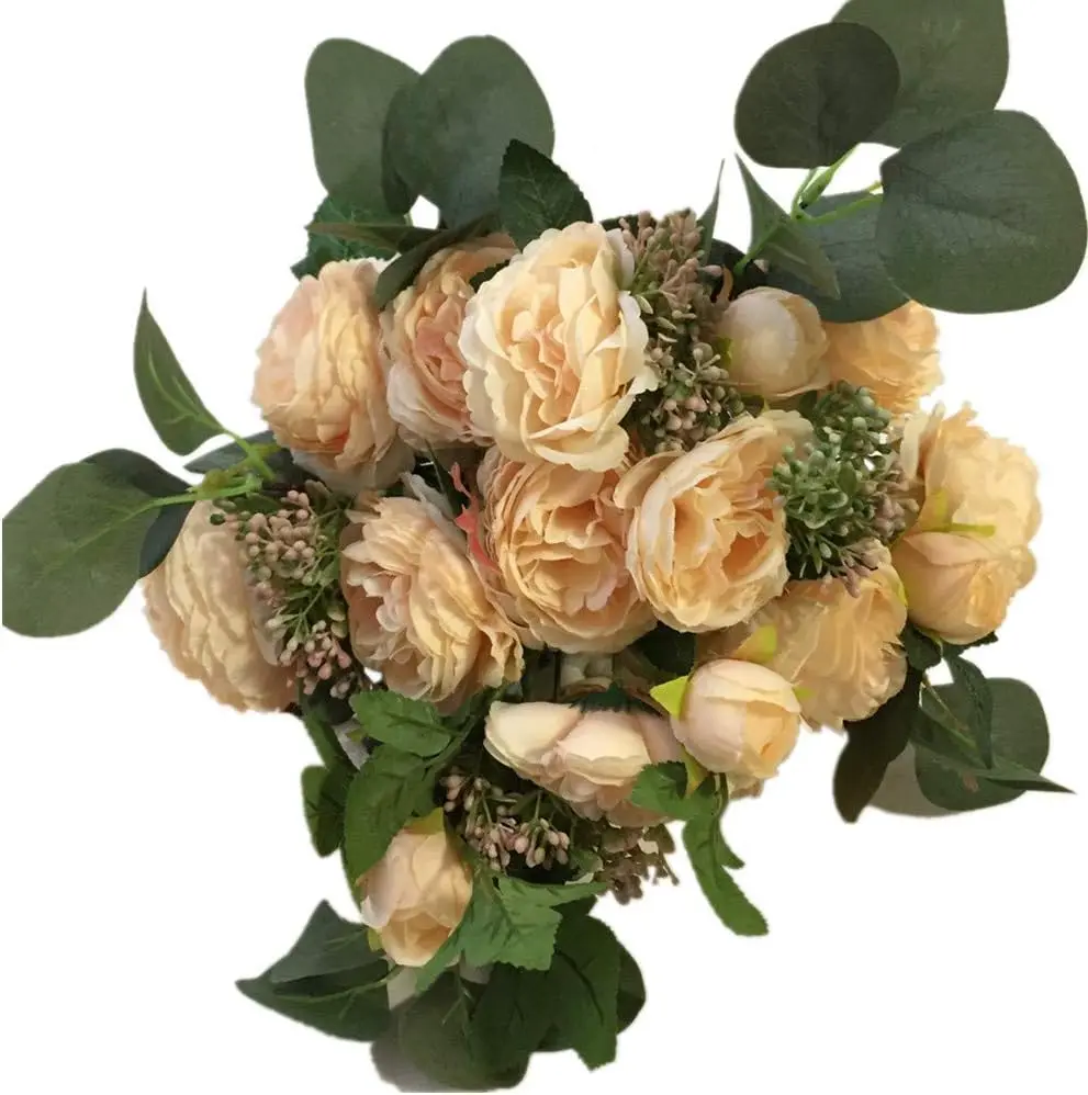 

ONE Bride Bouquet Artificial Rose Champagne RoseFlower & Green Eucalyptus Wedding Bridal Bouquet Flowers