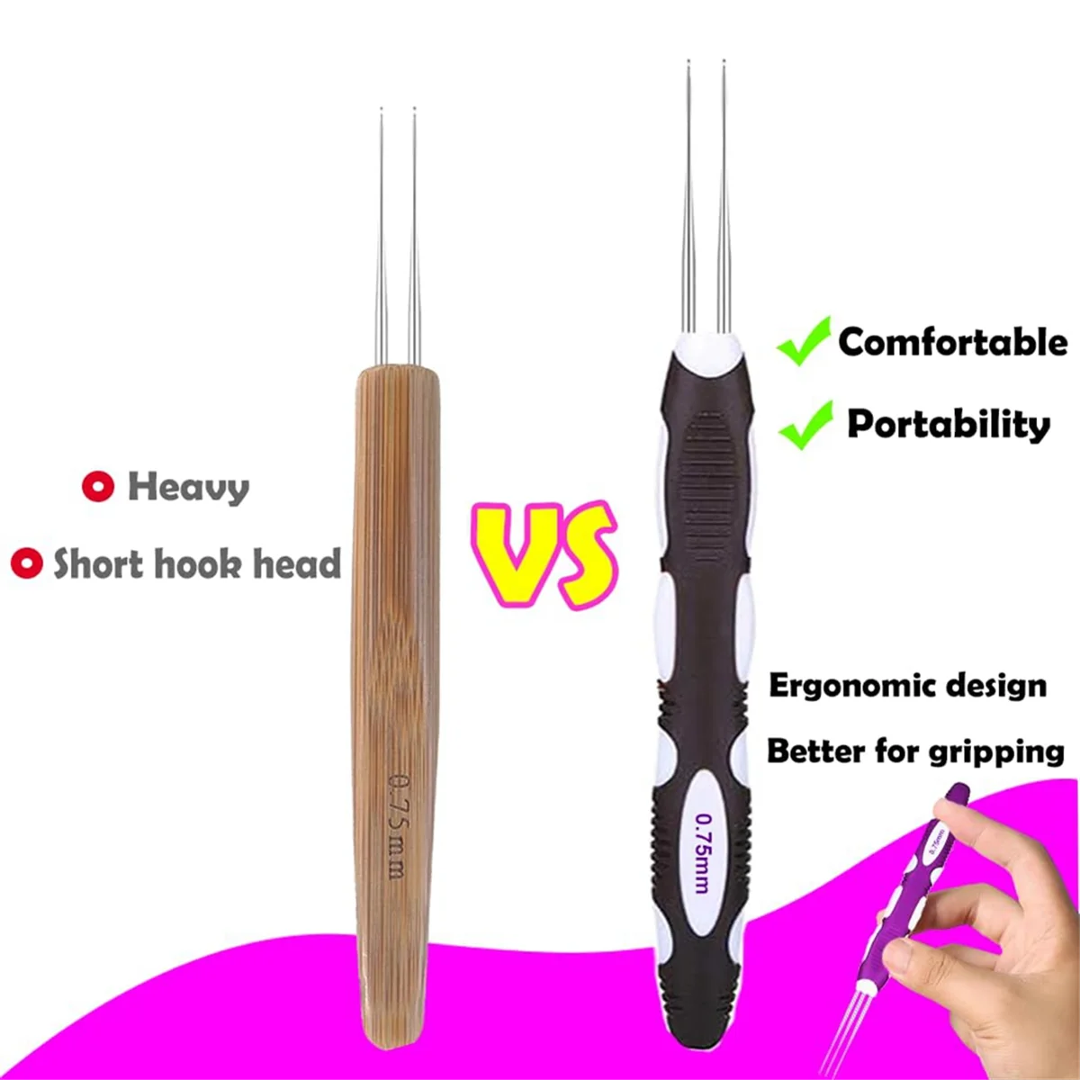 Alat jarum rajut gimbal, kait Crochet rambut dengan pegangan ergonomis, 3 buah kerajinan kepang rambut 0.75mm