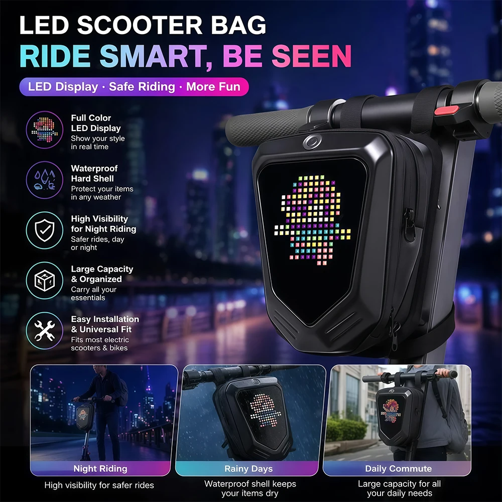 Fahrrad-Lenkertasche mit LED-Pixel-Display, Fahrrad-Aufbewahrungstasche mit Bluetooth-App-Steuerung, Powerbank nicht enthalten