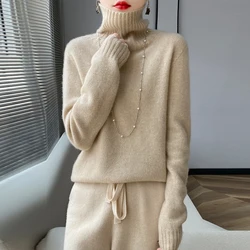 New 100% merino wool cashmere sweater in autumn and winter women's turtleneck pullover loose knit solid color thick warm jacket