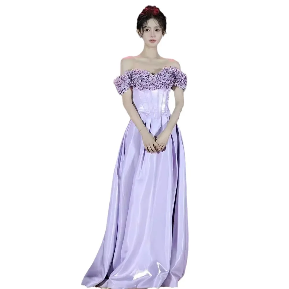 Lila Damen Abendkleider Damen 3D-Blumen aus der Schulter bodenlangen Hochzeitsparty-Kleider Maßgeschneiderte formelle Ballkleider