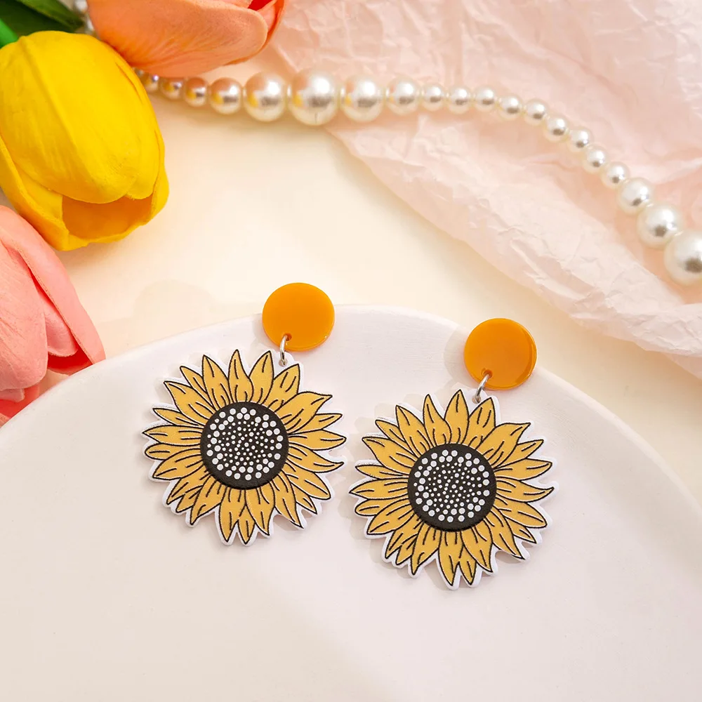 2024 New in Acrylic Sunflower Hanging Earrings for Women Korean Fashion High Quality Piercing Ear Jewelry Summer Daily Eardrop
