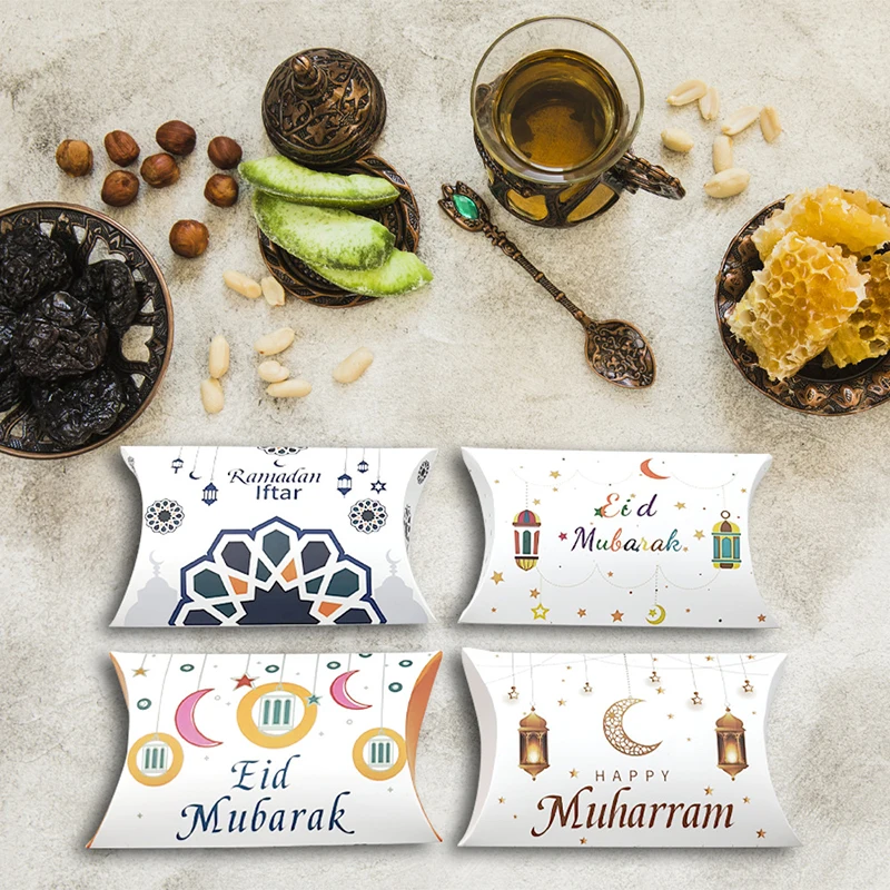 8 pezzi misti Eid Mubarak regalo sacchetto Kraft scatola cuscino caramelle biscotto cioccolato scatola di carta Ramadan Kareem Decor forniture per feste regalo per bambini