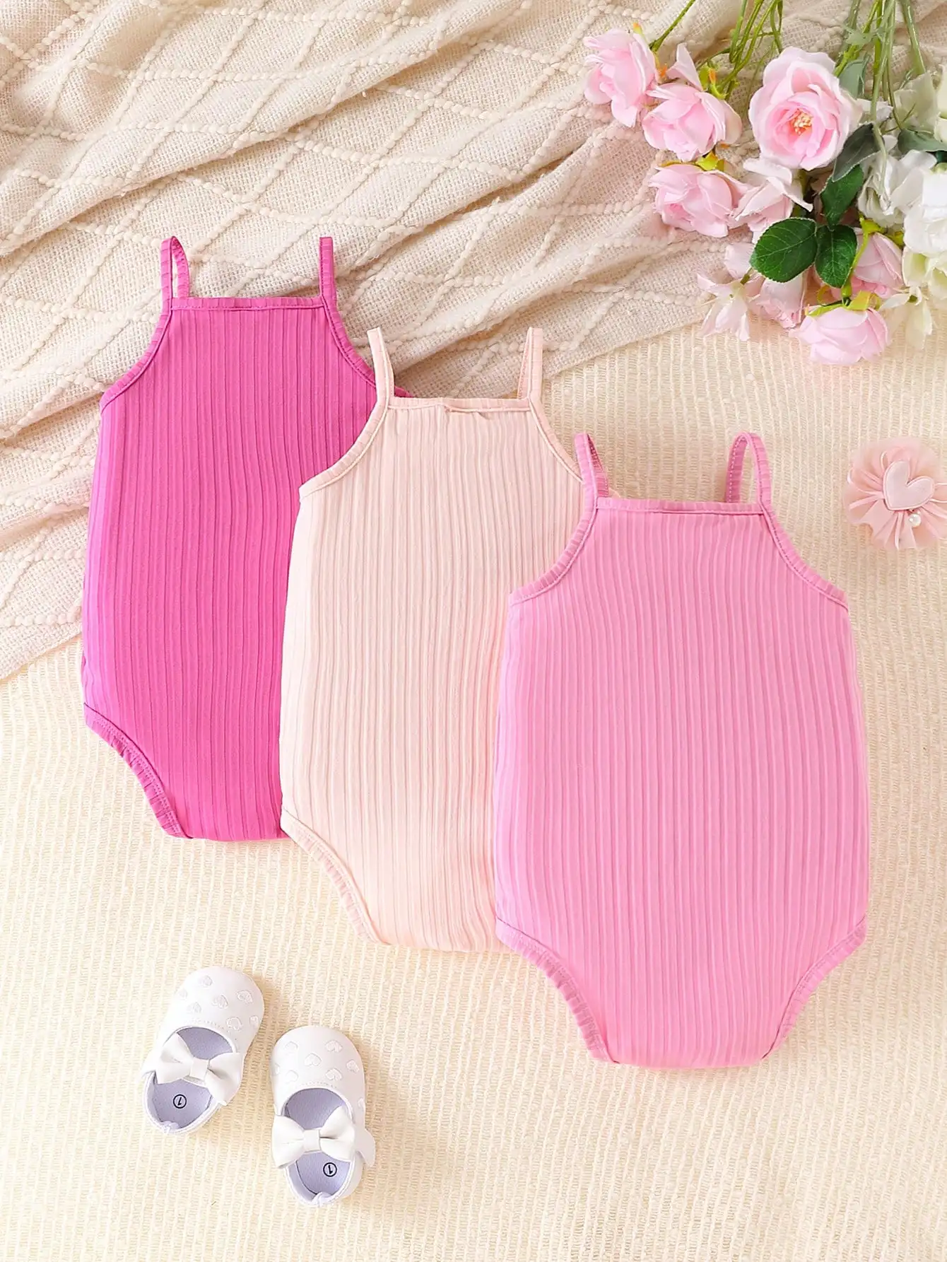 Three-Piece Baby Girls Summer Simple Breathable Comfortable Camisole Romper Casual Cool Cute Sweet Solid Color Multi-piece Set