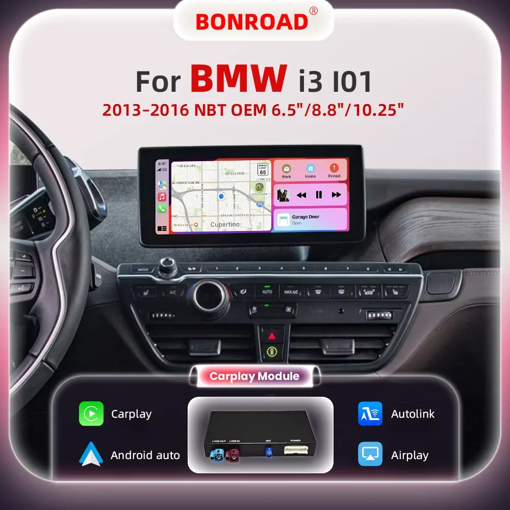 BONROAD Wireless CarPlay Android Auto Retrofit Interface Adapter Fit BMW i3 I01 NBT System Support Wireless AirPlay Mirror Link Bluetooth Handsfree Call Online GPS Navigation Decoder Box