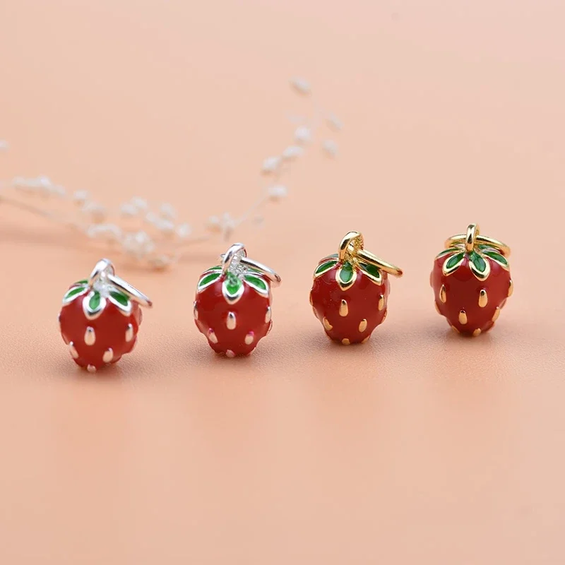 S925 Sterling silver Korean jewelry cute drop oil small strawberry pendant Handmade diy bracelet necklace for women