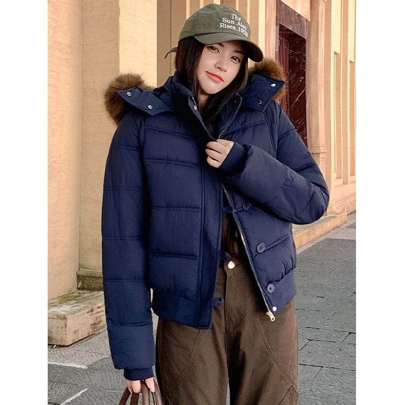 Winter Girls Windproof Fur Hood Padded Coat Women Retro Fashion Thermal Parkas Lady Casual Zip Up Puffer Coat for Streetwear