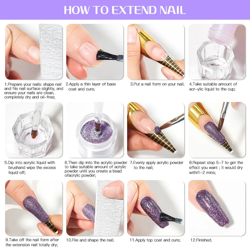 10個入りアクリルネイルキット、アクリルパウダーとクリスタルリキッドセット、ネイルブラシ付き、アクリルネイルエクステンション、カービング、マニキュア用