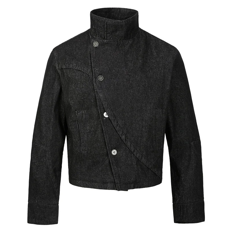 2026 Spring Y2K Denim Jacket Men Women Oversized Short Coat High Neck Turn-Down Collar Asymmetric Button Up Streetwear Cardigan