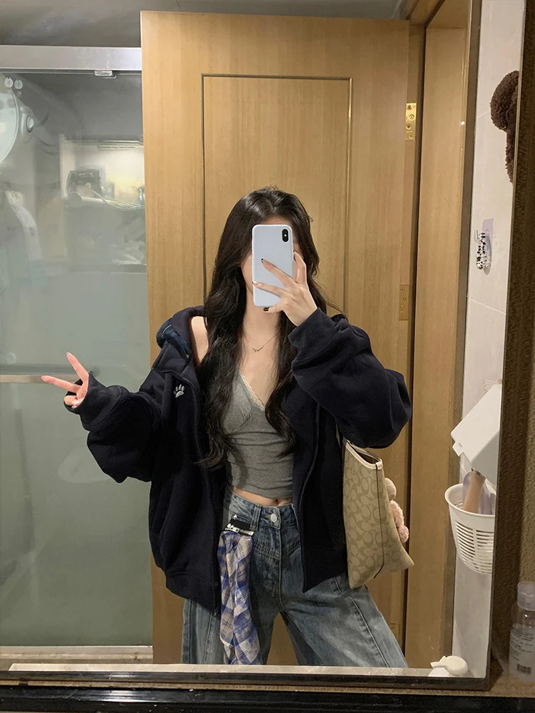 레트로 아메리칸 체크 스플라이스 후디 여성 캐주얼 올매치 지퍼 코트 가을 신상 고급스러운 느낌의 편안한 스웨트셔츠