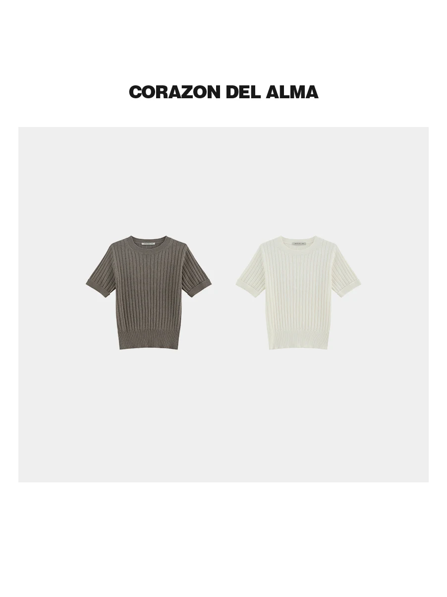

Dry Comfortable Linen Cotton Knitted Short Sleeve T-Shirt round Neck Versatile Slim Fit Striped Casual Women's Top H6251