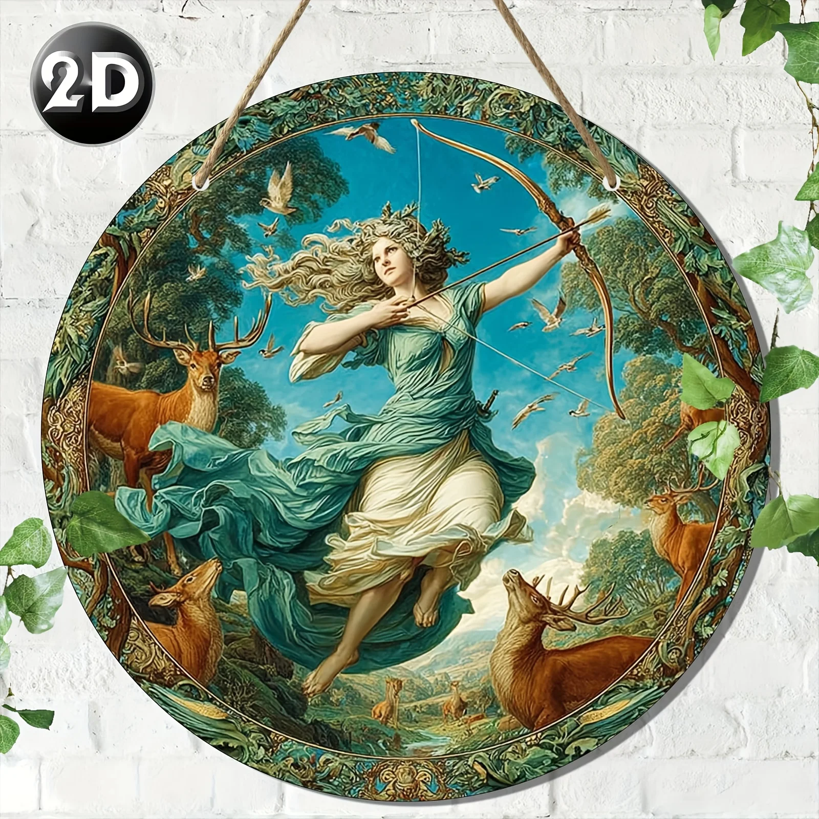 2D Flat, 1pc Vintage Greek Artemis Diana Bow and Arrow Wall Decor - 8x8 Inch (20x20cm) Artificial Round Plaque with Golden Frame