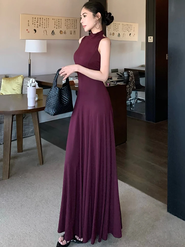 Frauen Lila Gestrickte Ärmellose Stehkragen Lange Kleider Sommer Elegante Luxus Rüschen Prom Kleid 2025, Koreanische Bodycon Vestidos