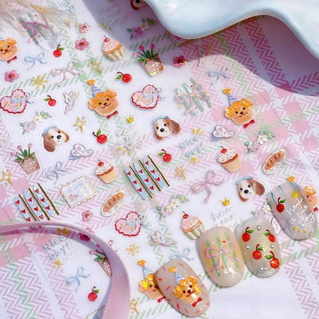 

Cute Dog Flower Cake Bowknot Star Colorful Rabbit Bread Cartoon Butterfly Cat Bear Daisy Love Heart DIY Nail Art Stickers Decals
