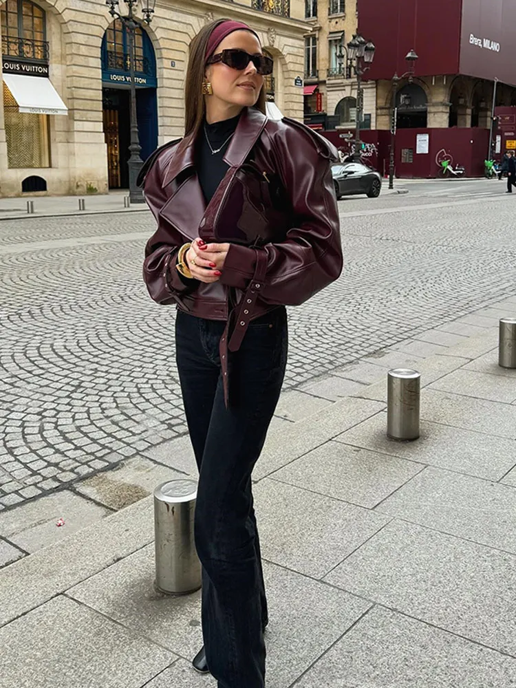 Women Oversized Vintage Wine Red Loose Zipper Pu Faux Leather Short Jacket Streetwear Female Retro High Street Coat Outwear