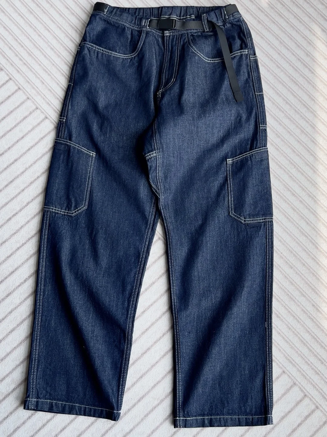 Retro Japanese Style Adjustable Waist Multi-Pocket Washed Denim Jeans Straight Leg Loose Fit Casual Trousers for Men
