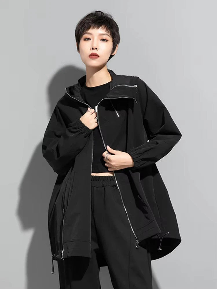 Loose Black Zipper Irregular Big Size Long Jacket New Hooded Long Sleeve Women Coat Fashion Spring Autumn 2024 1DF1658