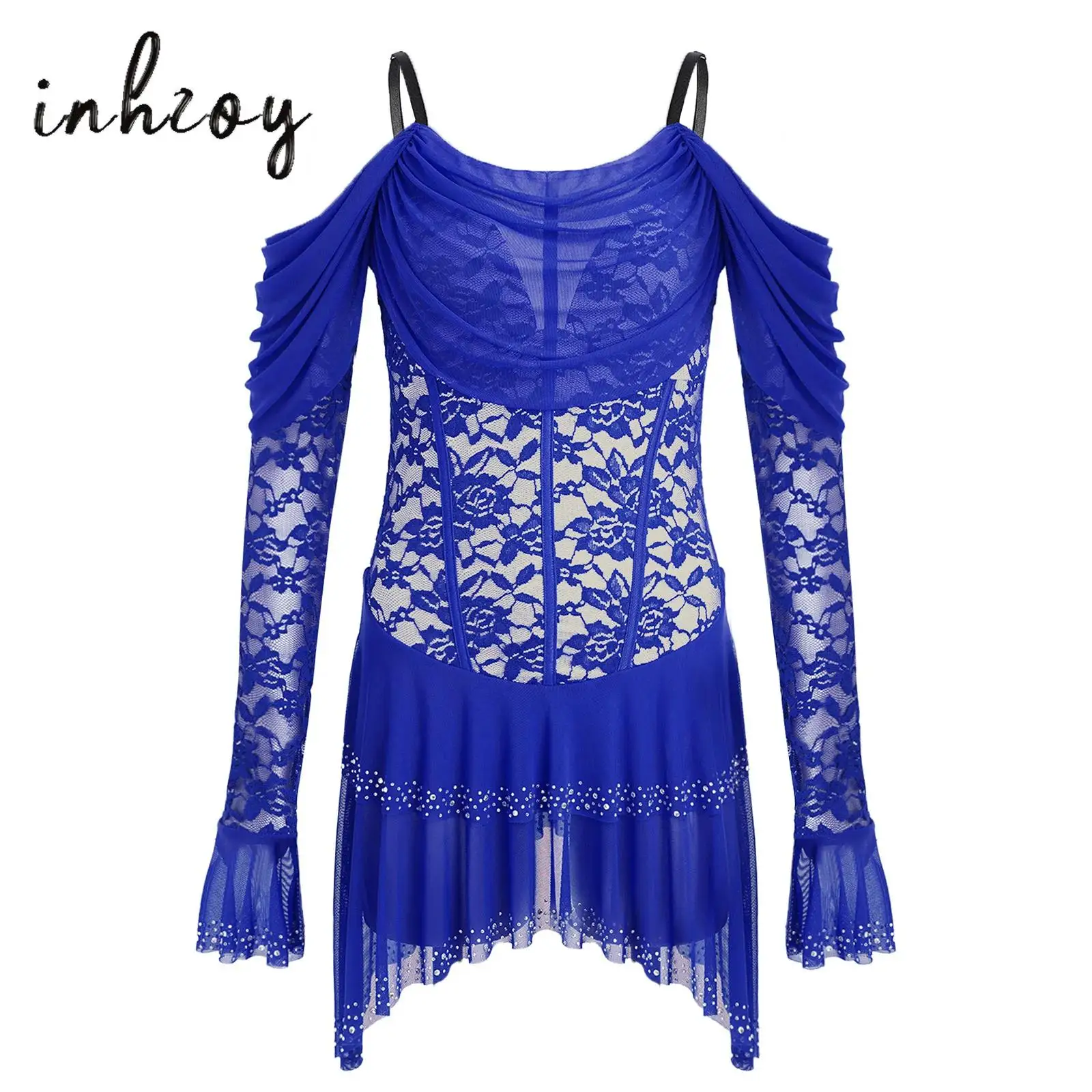 

Ballet Gymnastics Leotard Dress for Womens Latin Dance Dress Floral Lace Tiered Irregular Skirted Bodysuit for Tango Salsa Prom