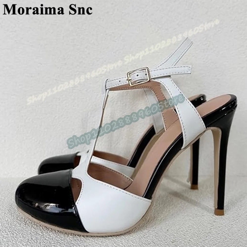 

Black And White T Strap Leather Splicing Sandals Stilettos High Heel Shoes For Women Ankle Buckle Strap Round Toe Casual Sandals
