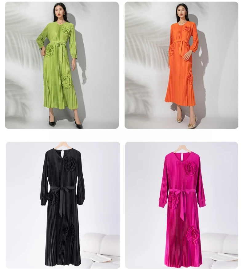 

Miyake Pleated 2026 New Fall Elegant Heavy Three-dimensional Nails Flowers Swing Dress Loose Pleated Long Dress Female Pleated