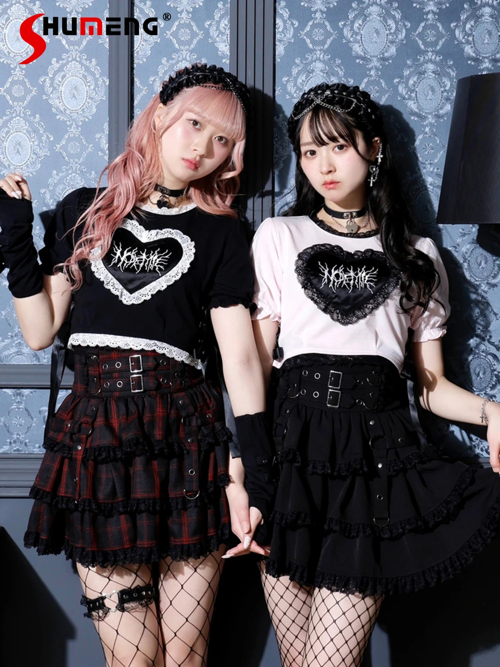 

Japanese Mines Harajuku Short T-Shirts Summer New Girls Hollow Lace Embroidered Letters Printed Top Aesthetic Clothes Women 2025
