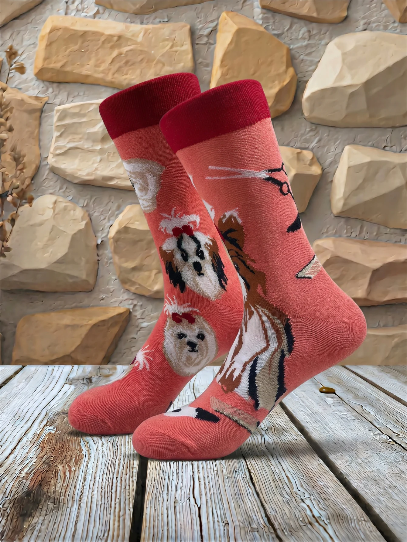 Cute Dog Print Cotton Men Socks Pink Puppy Print Novelty Socks for Men Funny Animal Mid Socks, Dog Lover Gift