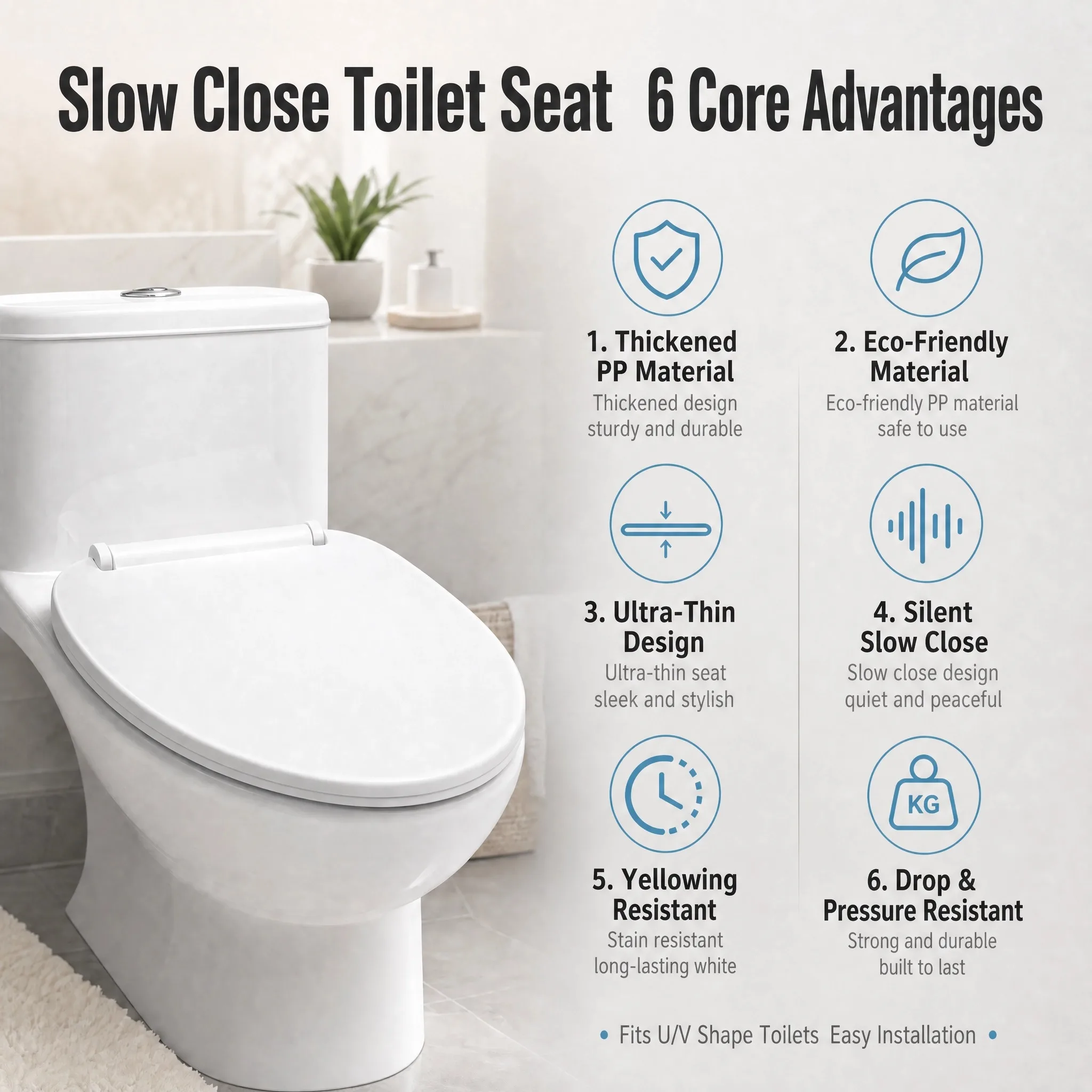 Slow Close Toilet Seat, Thickened PP Material Silent Soft Close WC Cover, Anti-Yellowing Universal Bathroom Toilet Accessories