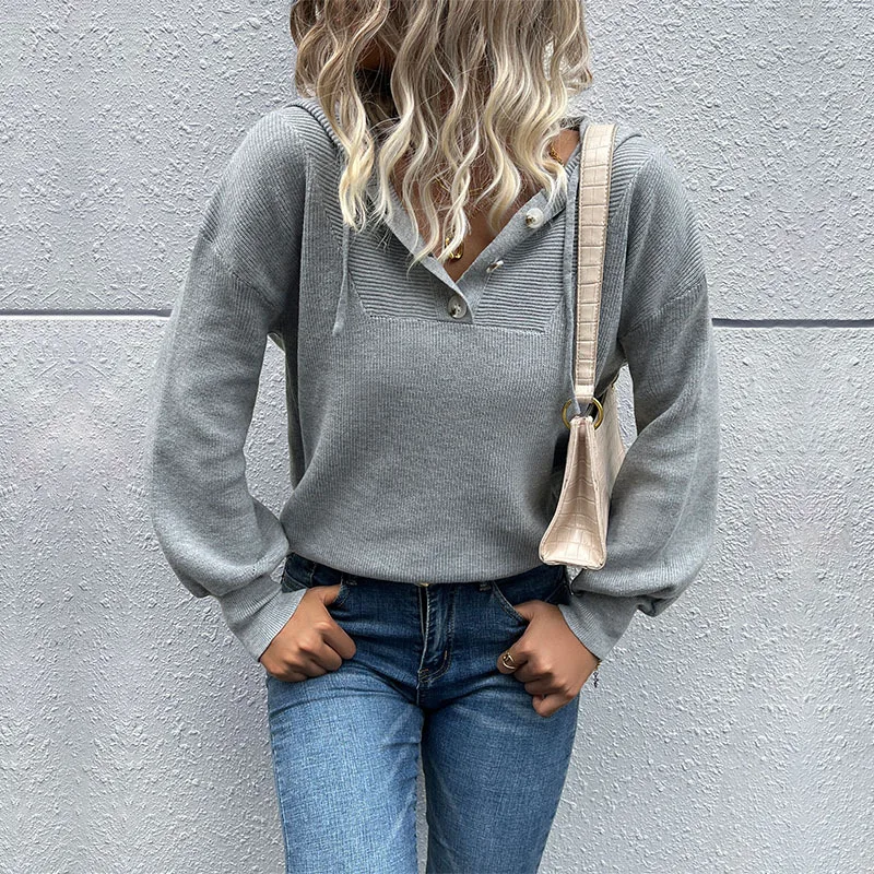 Casual Gray Ladies Knitted Hooded Sweater Sweatshirt Fashionable Solid Color Long Sleeved Sweatshirt Versatile For Autumn/winter