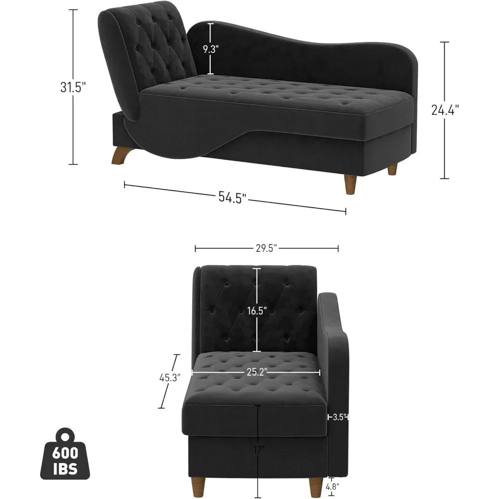 Gestoffeerde fluwelen chaise longue binnen, verstelbare bank fauteuil lounge stoel met opbergruimte en 1 kussen, getuft met knopen