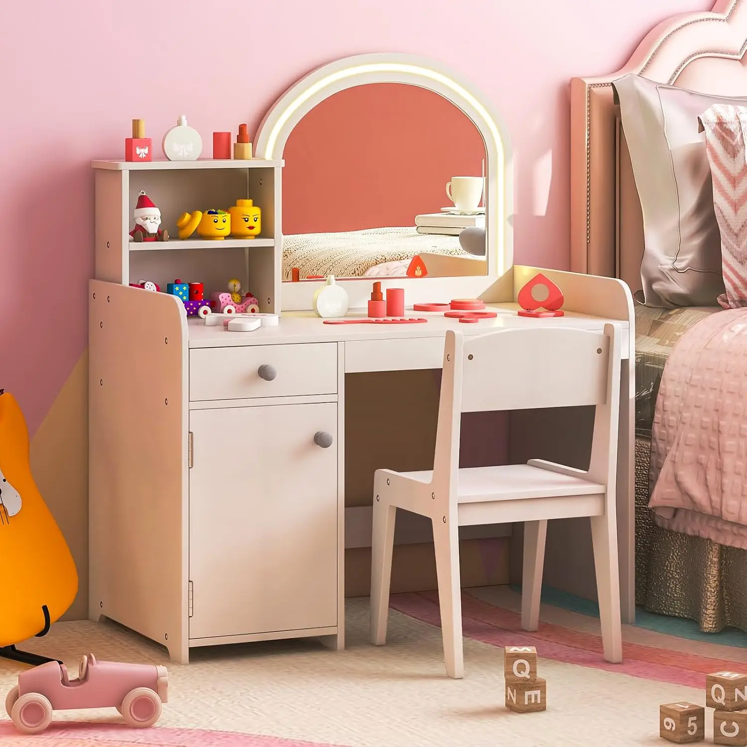 Kids Vanity with Lights, 2 in 1 Princess Makeup Desk & Chair Set with Lighted Mirror, Drawer, Storage Shelves & Cabinet