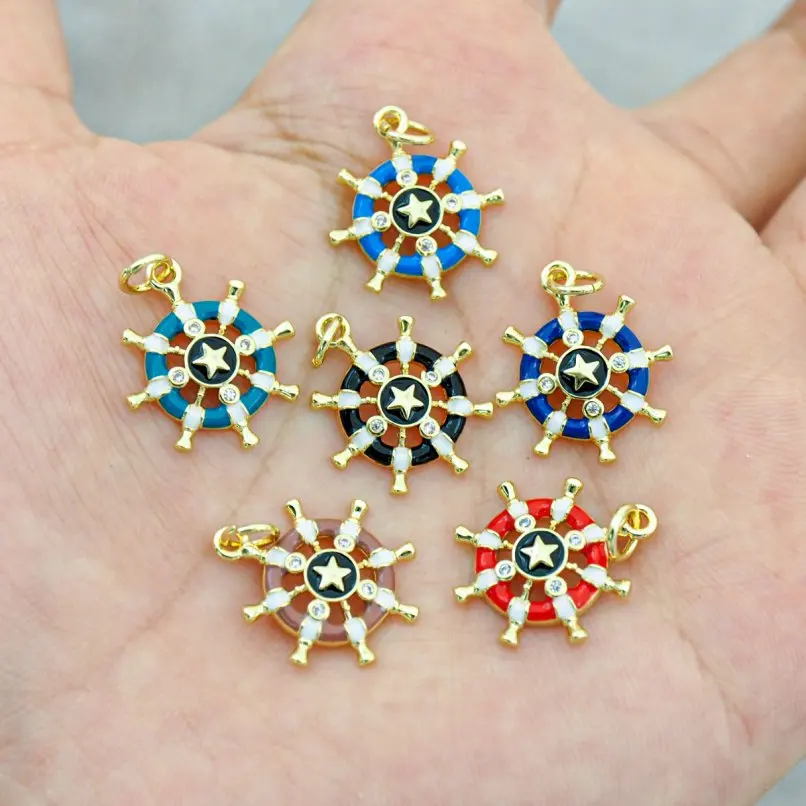 

2Pcs Enamel Star Wheel Charms Pendant Gold Color Cubic Zirconia Invisible Setting Copper Approx 15.6x21.2mm Jewelry For Women