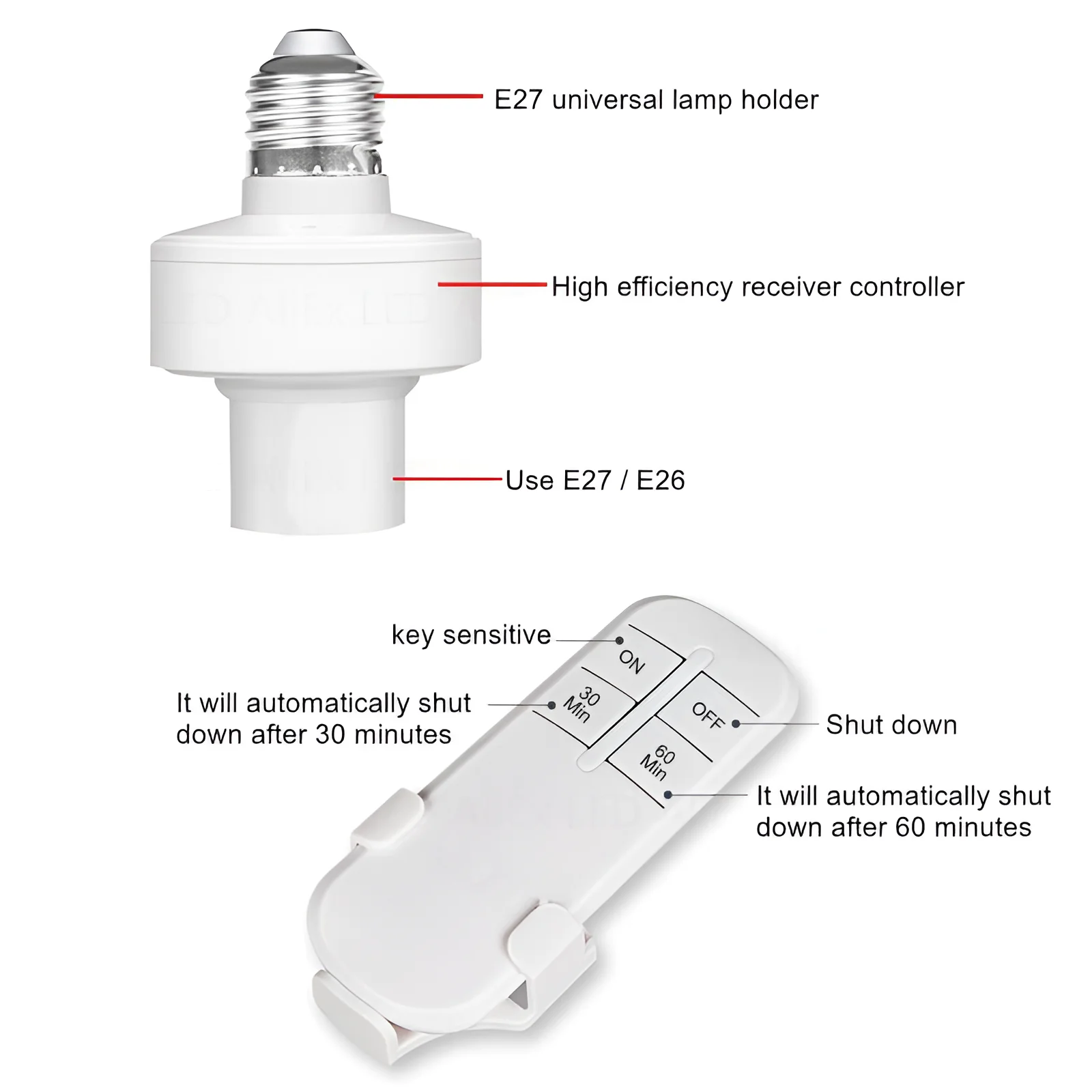 Wireless remote control smart timer switch E27 to E27 lamp holder AC220V house multi light switch baby room bedroom timer switch