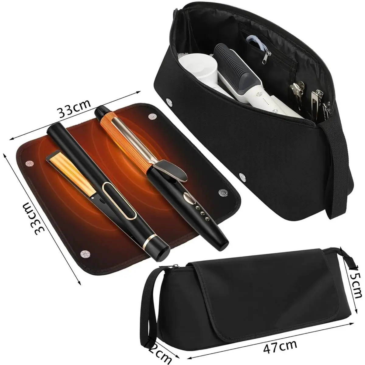 Hair Dryer Storage Bag - High Capacity, Heat-Resistant Mat Design, Dedicated Storage for Curlers Black