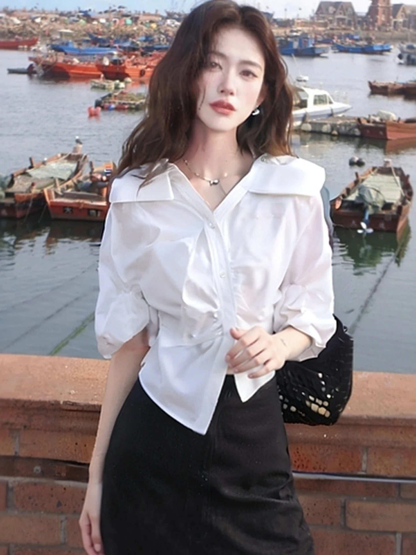 

Женский облегающий топ с отложным воротником French Sle Long Sve irt, осенний дизайн с завязкой на талии