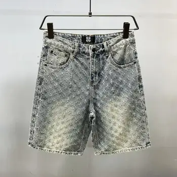 American Y2K Light Luxury Quality Retro Denim Shorts Summer Hip Hop INS Men Loose Shave Jacquard Couple Denim Five Point Pants 2