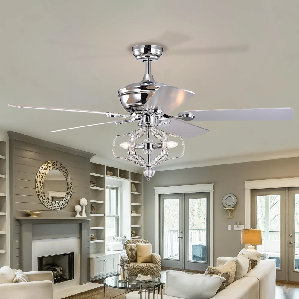 52 Inch Crystal Ceiling Fan with Lights Reversible Blades 3 Wind Speeds Remote Control for Bedroom Living Dining Room