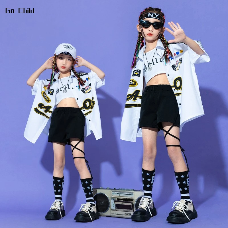 Hip Hop Girls Short Sleeved Captain Aviation Shirt Kids Street Dance Blouse Shorts Child Streetwear Clothes Sets Jazz Costumes