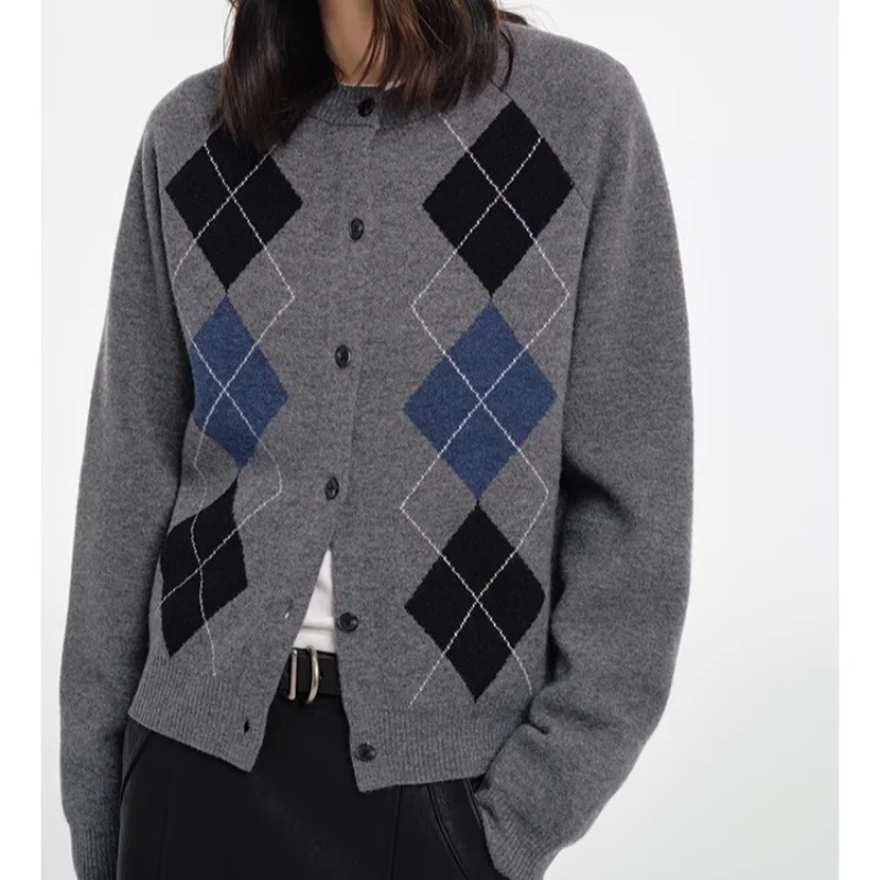 2025 Autumn diamond-shaped cardigan women 100 pure cashmere sweater European high-end color-blocking knitted sweater coat