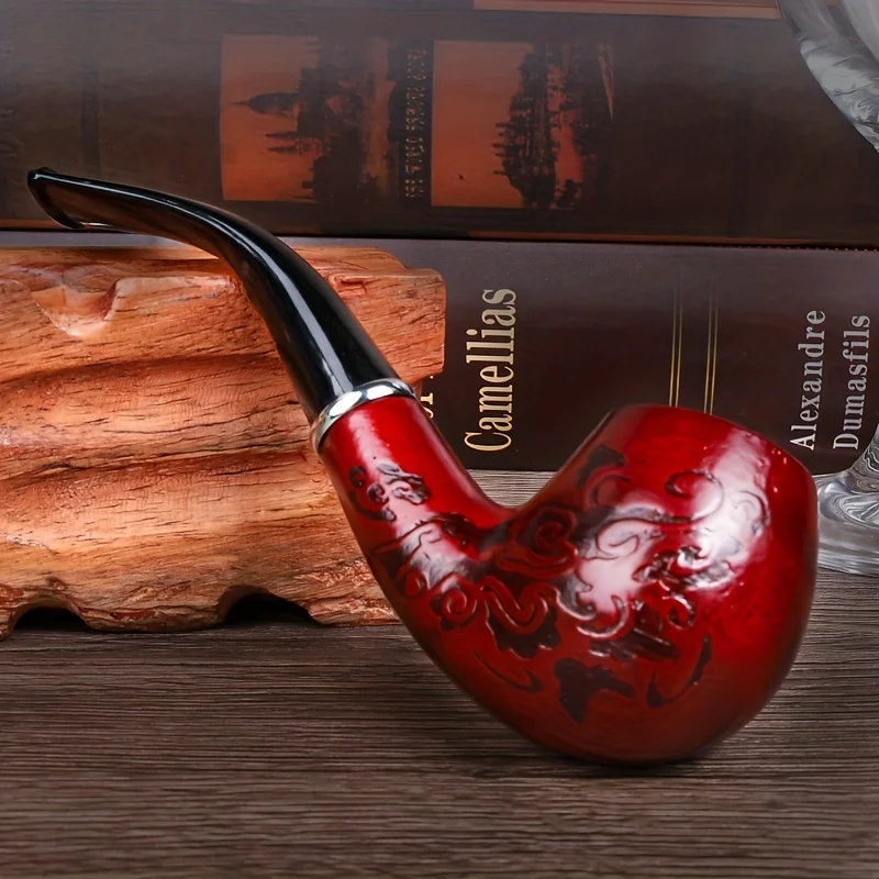 Solid Wood Resin Tobacco Pipe Red Black Pattern Carving Smoke Pipe Elbow Roll Filter Cigarette Holder Herb Grinder Smoking Tools