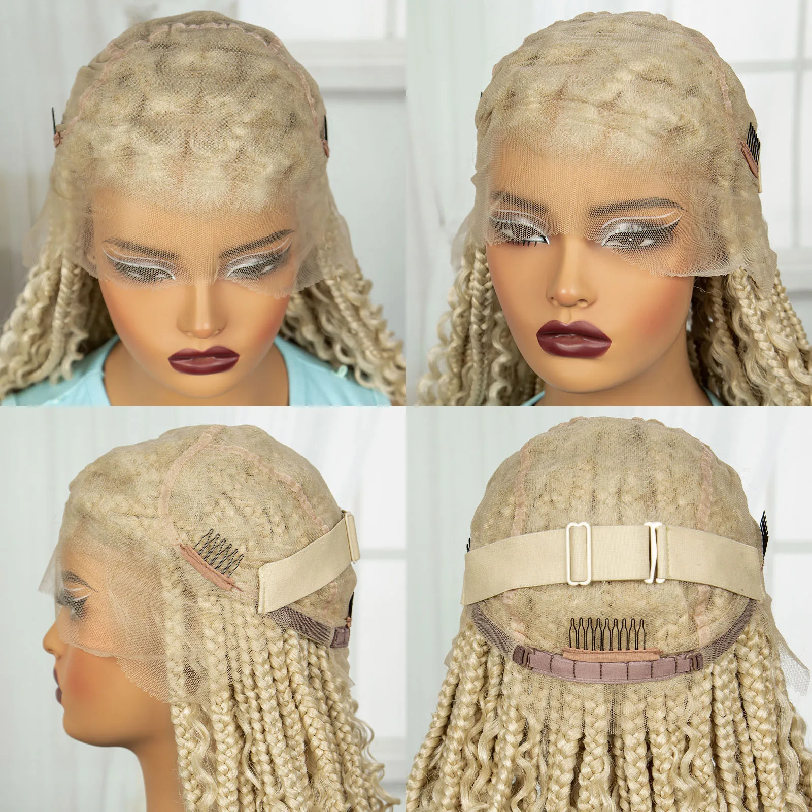 Blond Full Lace Synthetic Braided Wigs Boho Box Braid Wig 36 Inch Braid Wig Knotless Braided Lace Wig with Curly Ends for Woman