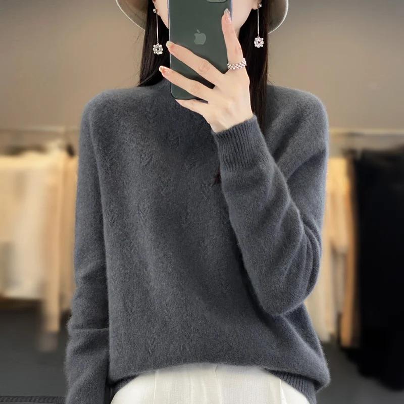 Mock Neck Winter Sweater Women Elegant Fashion Pure Wool Warm Sueter Knit Pullover Loose Tops Casual Jersey Knitwear Jumper New